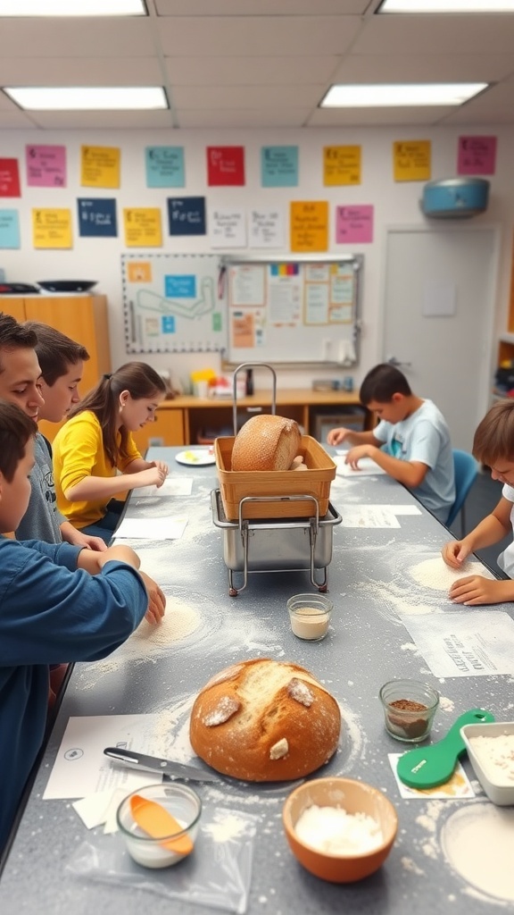 Students in a classroom making bread, with dough and ingredients on the table, and a freshly baked loaf.